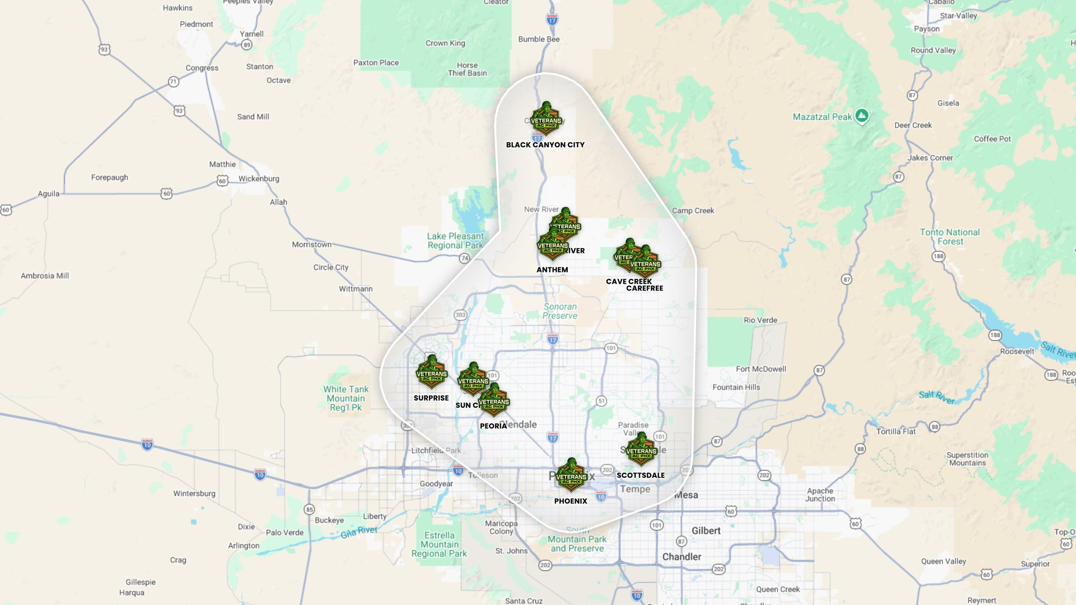 Veterans AC PHX service area map across the Phoenix valley